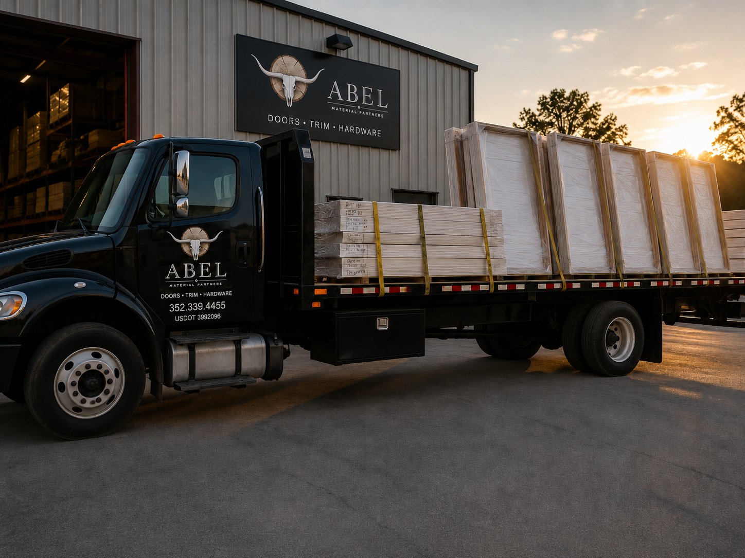 Abel delivery truck loaded with door units