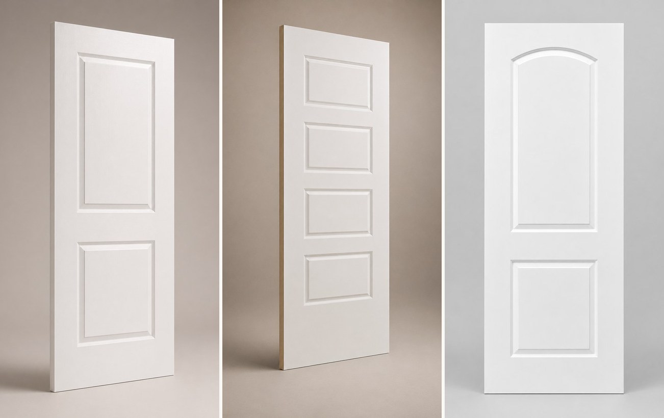 2-Panel Square Top, Riverside, and Roman Arch interior doors shown side by side