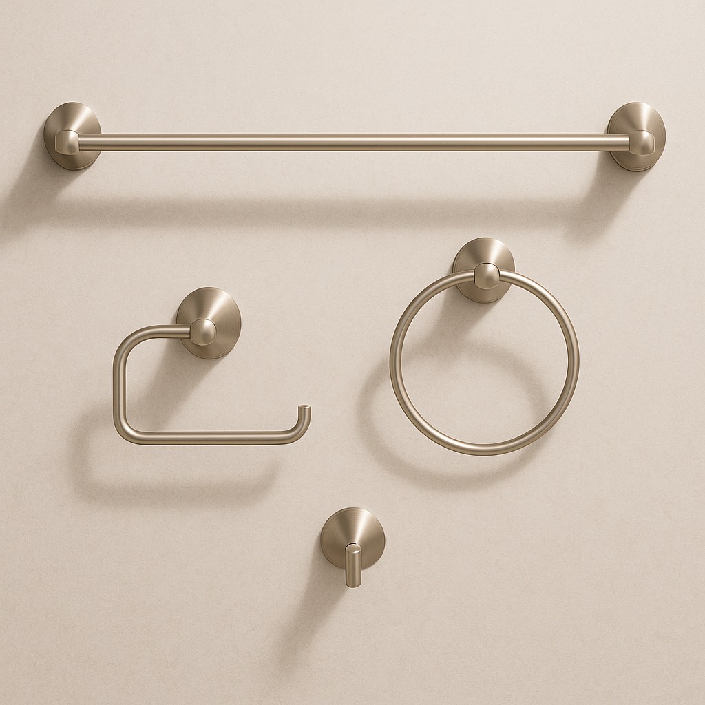 Matched satin-nickel bath hardware set included in every package