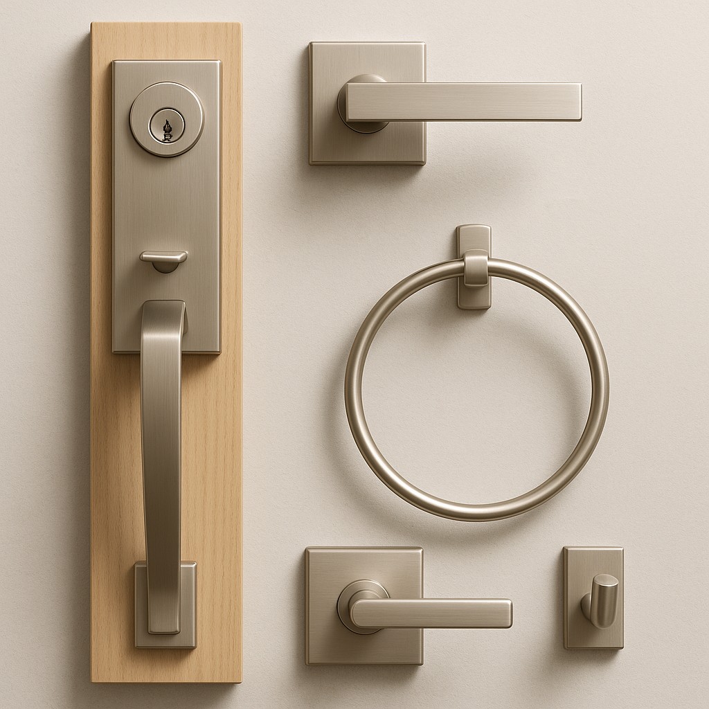Sure-Loc satin-nickel hardware suite — handleset, deadbolt, levers and knobs